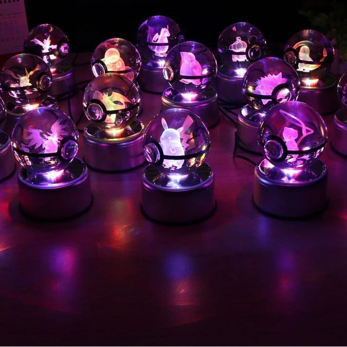 3D Crystal Glass Pokemon Ball 5CM or 7CM Figure Night Light LED Lamp Base Gift