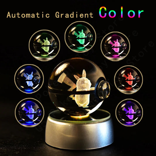 3D Crystal Glass Pokemon Ball 5CM or 7CM Figure Night Light LED Lamp Base Gift