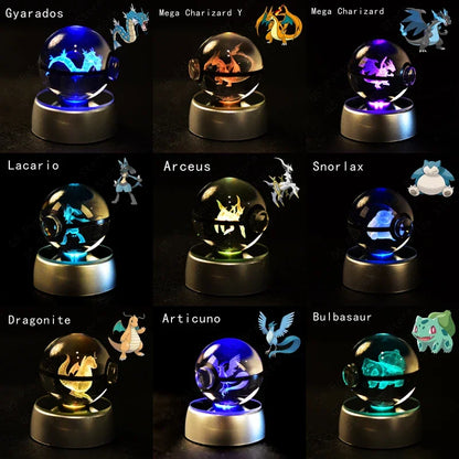 3D Crystal Glass Pokemon Ball 5CM or 7CM Figure Night Light LED Lamp Base Gift