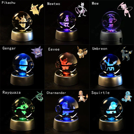 3D Crystal Glass Pokemon Ball 5CM or 7CM Figure Night Light LED Lamp Base Gift