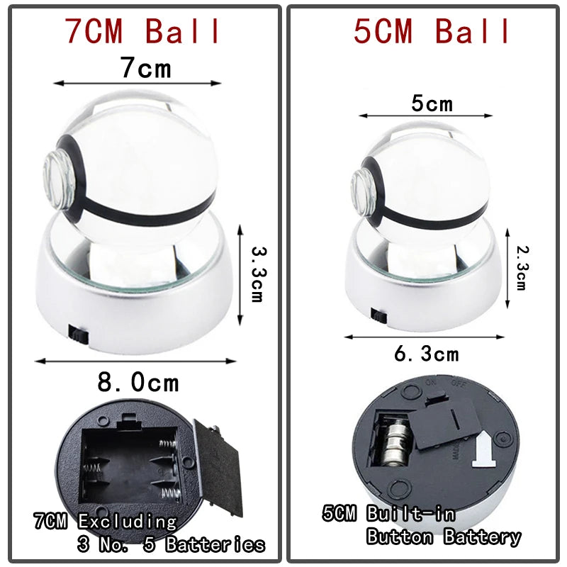 3D Crystal Glass Pokemon Ball 5CM or 7CM Figure Night Light LED Lamp Base Gift