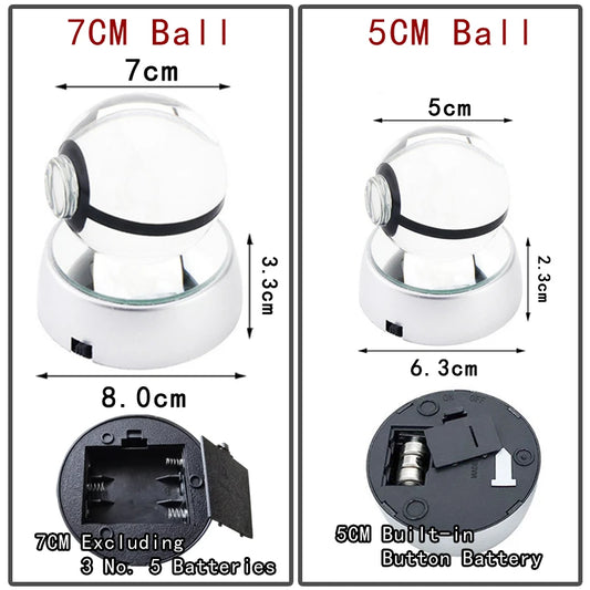 3D Crystal Glass Pokemon Ball 5CM or 7CM Figure Night Light LED Lamp Base Gift